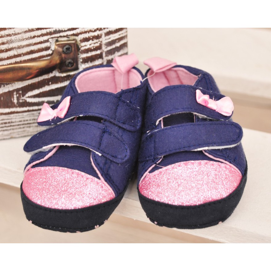 Trampki z brokatem NIECHODKI 0-12M BUCIKI na rzepy granat z różem