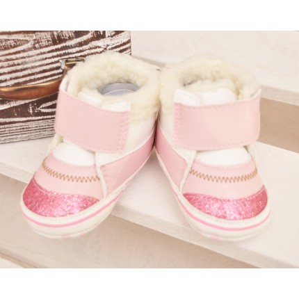 Ocieplane buty na rzep NIECHODKI 0-12M BUCIKI na futerku różowe z brokatem