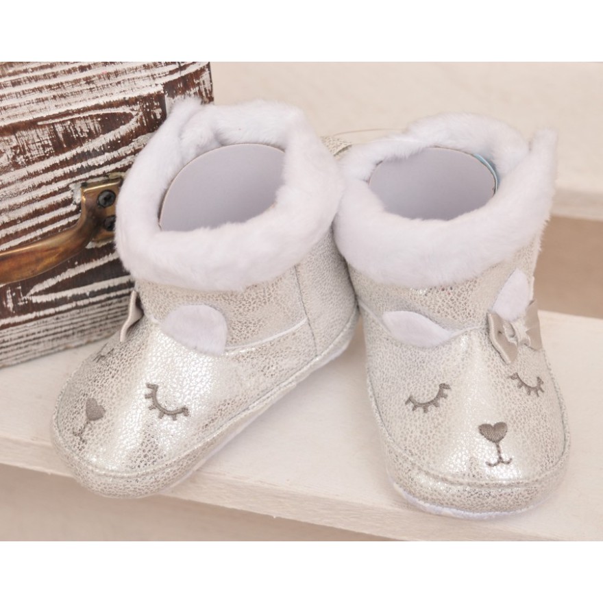 Błyszczące kozaki Króliczek buty na futerku  NIECHODKI BUCIKI srebrne