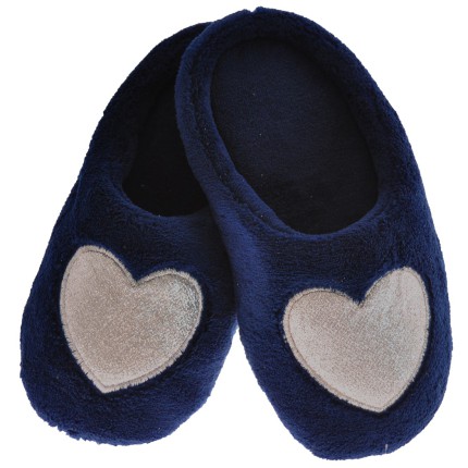 Kapcie BROKATOWE SERCE ciepłe ciapy klapki granatowe