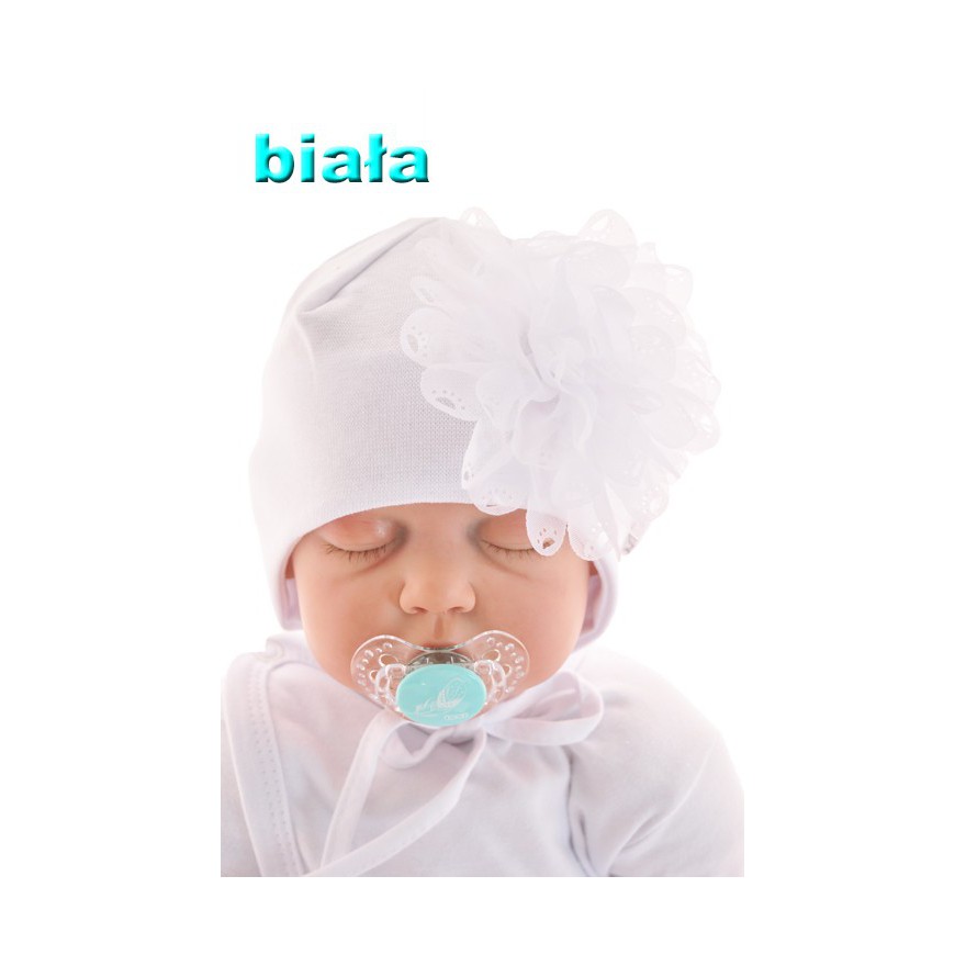CZAPKA DUŻY KWIAT biała WIOSNA JESIEŃ CHRZEST