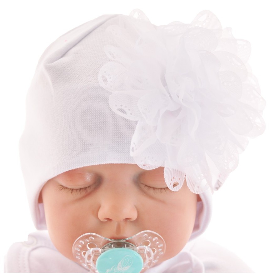 CZAPKA DUŻY KWIAT biała WIOSNA JESIEŃ CHRZEST