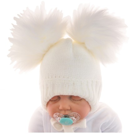 Ecru czapka zimowa "2 PUCHATE POMPONY" 62 68