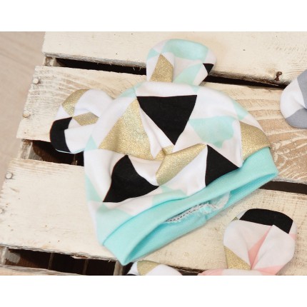 CZAPECZKA dla noworodka SMERFETKA z uszkami trójkąty mięta brokat *1