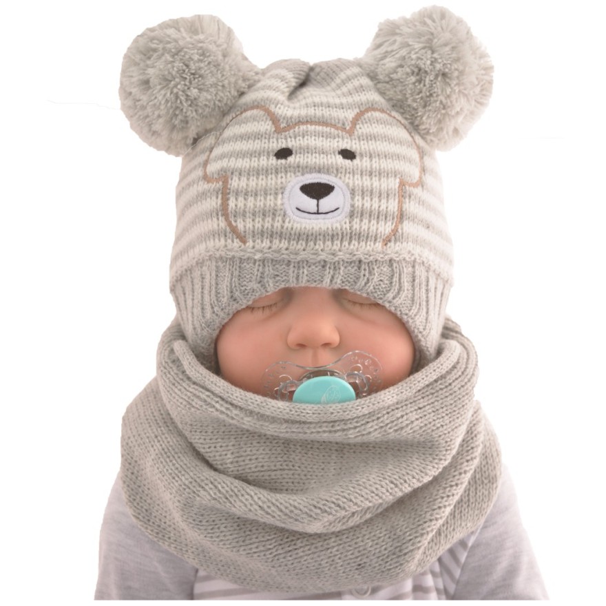 Szary komplet zimowy czapka MIŚ + komin